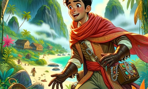 Une illustration pour enfants représentant un aventurier passionné à la recherche de trésors, se retrouvant sur une île déserte pleine de mystères.