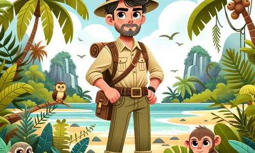 Une illustration pour enfants représentant un explorateur courageux se lançant dans une aventure palpitante sur une île tropicale mystérieuse.