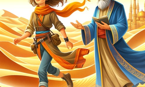Une illustration destinée aux enfants représentant une jeune femme exploratrice courageuse et audacieuse, accompagnée d'un sage professeur, dans un désert majestueux aux dunes dorées et aux mirages dansants.