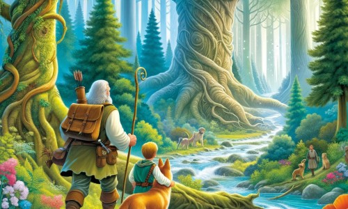 Une illustration pour enfants représentant un homme courageux et intrépide, plongé dans une aventure passionnante à la recherche d'un trésor caché, dans une mystérieuse grotte au cœur de la forêt.