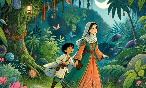 Une illustration destinée aux enfants représentant une femme intrépide, accompagnée d'un jeune garçon, explorant une forêt enchantée luxuriante et mystérieuse, à la recherche d'un trésor perdu.