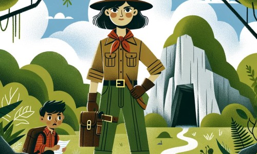 Une illustration pour enfants représentant une jeune aventurière intrépide, découvrant une carte au trésor dans une forêt luxuriante.