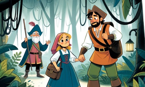 Une illustration destinée aux enfants représentant une femme courageuse, accompagnée d'un sage mentor, se trouvant dans une forêt dense et exotique, à la recherche de son frère enlevé par des bandits.