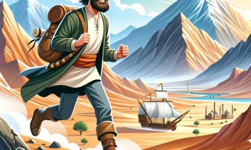 Une illustration pour enfants représentant un homme intrépide se lançant dans une expédition audacieuse à la recherche d'un remède mystérieux, dans un désert lointain entouré de majestueuses montagnes.