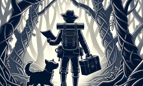 Une illustration pour enfants représentant un homme courageux, partant à la découverte d'une forêt dense et mystérieuse.