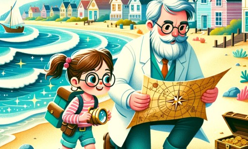 Une illustration pour enfants représentant une jeune aventurière, découvrant une carte au trésor sur une plage, déclenchant ainsi une incroyable aventure sur une île tropicale.