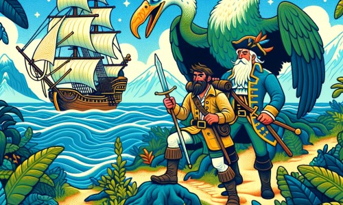 Une illustration pour enfants représentant un explorateur intrépide se trouvant sur une île mystérieuse à la recherche d'une créature mythique.