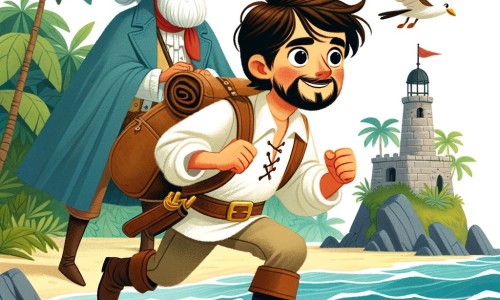 Une illustration pour enfants représentant un homme courageux se lançant dans une aventure palpitante à la recherche de son ami disparu sur une île mystérieuse.