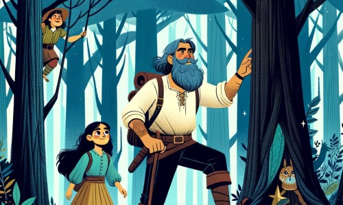 Une illustration destinée aux enfants représentant une jeune femme intrépide, accompagnée d'un guide barbu, explorant une forêt mystérieuse et dense, où des arbres géants touchent le ciel et des créatures magiques se cachent parmi les sous-bois.