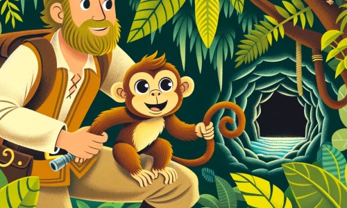 Une illustration destinée aux enfants représentant un homme intrépide, accompagné d'un singe malicieux, explorant une jungle luxuriante pour percer les mystères d'une grotte cachée.