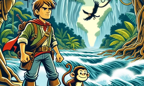 Une illustration destinée aux enfants représentant un homme courageux et audacieux, se tenant au bord d'une rivière tumultueuse dans la jungle amazonienne, accompagné de son fidèle compagnon, un petit singe malicieux, prêt à partir à l'aventure pour vaincre une malédiction ancestrale.