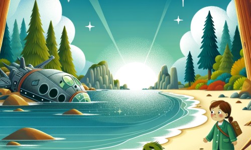 Une illustration destinée aux enfants représentant une petite fille émerveillée devant un vaisseau spatial écrasé, accompagnée d'une créature verte blessée, sur une plage bordée d'arbres majestueux et baignée par une mer scintillante.