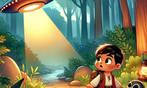 Une illustration pour enfants représentant un petit aventurier découvrant une soucoupe volante dans une forêt enchantée.