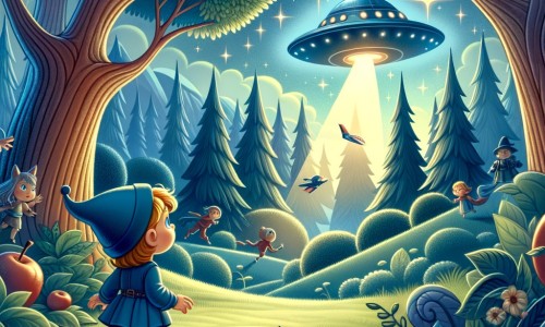 Une illustration destinée aux enfants représentant un petit garçon curieux observant un vaisseau spatial mystérieux atterrir dans une clairière magique entourée d'arbres majestueux dans une forêt enchantée.