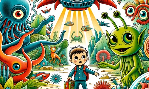 Une illustration pour enfants représentant un petit garçon émerveillé par la visite d'extraterrestres qui l'emmènent dans leur vaisseau spatial pour découvrir des mondes étranges et merveilleux.