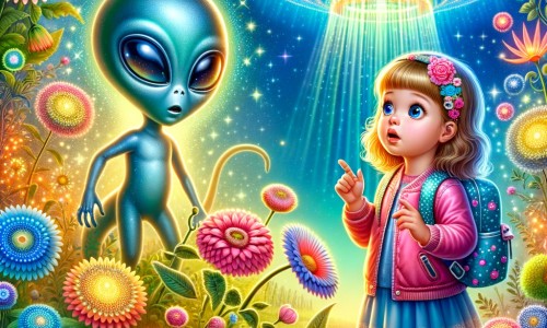 Une illustration pour enfants représentant une petite fille curieuse découvrant un vaisseau spatial dans son jardin, déclenchant ainsi une aventure extraordinaire sur une planète lointaine.