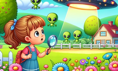 Une illustration pour enfants représentant une petite fille curieuse découvrant un vaisseau spatial dans un village paisible.