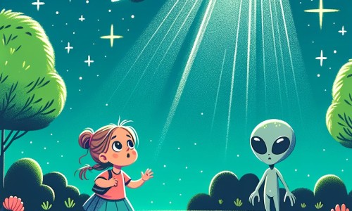 Une illustration destinée aux enfants représentant une petite fille curieuse et aventureuse, faisant la rencontre inattendue d'extraterrestres dans un parc verdoyant, sous un ciel étoilé et lumineux.