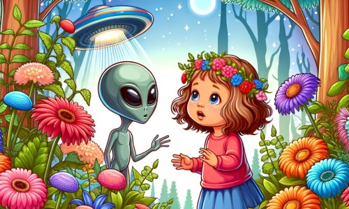 Une illustration destinée aux enfants représentant une petite fille curieuse qui rencontre un extraterrestre dans son jardin enchanté, entouré de fleurs multicolores et d'arbres gigantesques.