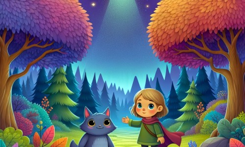 Une illustration destinée aux enfants représentant une petite fille intrépide, faisant la rencontre d'une créature extraterrestre amicale, dans une clairière enchantée entourée d'arbres aux feuilles multicolores et sous un ciel violet étoilé.