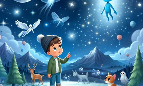 Une illustration destinée aux enfants représentant un petit garçon fasciné par les étoiles, qui fait la rencontre d'un extraterrestre bleu sur une planète lointaine, entourée de montagnes flottantes, d'arbres lumineux et d'animaux avec des ailes.