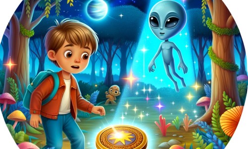 Une illustration destinée aux enfants représentant un petit garçon curieux découvrant un médaillon mystérieux dans une forêt enchantée, accompagné d'un extraterrestre bleu étincelant, sur une planète lointaine où des créatures colorées vivent en harmonie avec la nature.