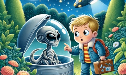 Une illustration destinée aux enfants représentant un petit garçon curieux découvrant un extraterrestre dans une capsule métallique, dans un jardin verdoyant avec des buissons fleuris et un ciel étoilé en arrière-plan.