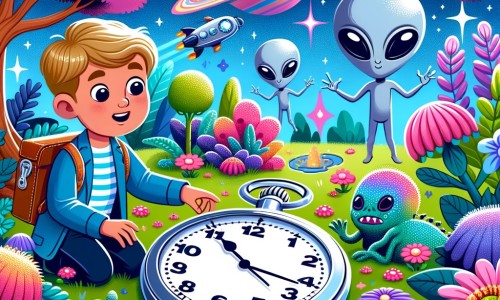 Une illustration pour enfants représentant un petit garçon curieux qui se retrouve sur une planète lointaine peuplée d'extraterrestres colorés et amicaux.