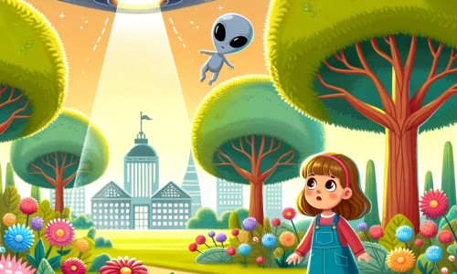 Une illustration destinée aux enfants représentant une petite fille curieuse qui rencontre des extraterrestres dans un parc rempli de fleurs colorées et d'arbres majestueux, où un vaisseau spatial atterrit mystérieusement.