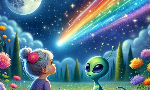 Une illustration destinée aux enfants représentant une petite fille émerveillée, observant une étoile filante aux couleurs chatoyantes, accompagnée d'une adorable créature extraterrestre, dans un champ verdoyant parsemé de fleurs multicolores, baigné par la lueur douce de la lune.