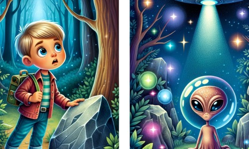 Une illustration pour enfants représentant un petit garçon curieux découvrant une mystérieuse clé extraterrestre dans une forêt enchantée.
