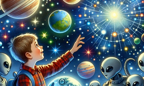 Une illustration destinée aux enfants représentant un petit garçon fasciné par les étoiles, faisant la rencontre de sympathiques extraterrestres, dans un décor cosmique parsemé de planètes colorées et de constellations scintillantes.