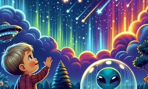 Une illustration destinée aux enfants représentant un petit garçon émerveillé, observant le ciel étoilé depuis son jardin, tandis qu'une pluie d'étoiles filantes illumine la nuit, et une créature extraterrestre amicale flotte devant lui, dans un vaisseau spatial futuriste entouré d'éclatantes nébuleuses colorées.