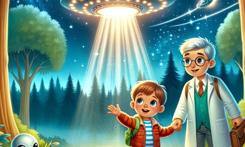 Une illustration pour enfants représentant un petit garçon curieux découvrant un objet métallique étincelant dans la forêt, qui le mènera à une rencontre extraordinaire avec des extraterrestres sur une planète lointaine.