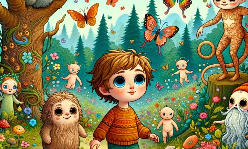 Une illustration destinée aux enfants représentant une petite fille curieuse, accompagnée d'étranges êtres venus d'une autre dimension, explorant une forêt enchantée remplie de fleurs colorées, d'arbres majestueux et de papillons virevoltants.