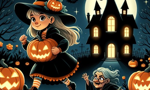 Une illustration pour enfants représentant une petite fille excitée pour Halloween, qui se prépare à chasser des bonbons dans sa rue effrayante.