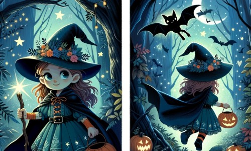 Une illustration destinée aux enfants représentant une petite fille déguisée en sorcière, explorant une forêt enchantée sombre et mystérieuse, accompagnée d'une chauve-souris magique, dans le cadre d'une fête d'Halloween ensorcelée.