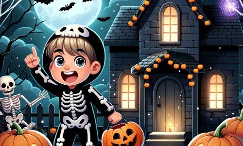 Une illustration pour enfants représentant un petit garçon plein d'excitation devant une maison hantée lors d'une soirée d'Halloween.