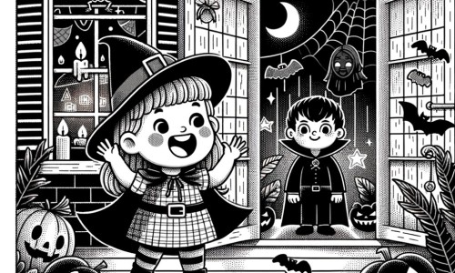 Une illustration pour enfants représentant une petite sorcière pleine d'excitation, se préparant pour Halloween, dans une maison hantée.