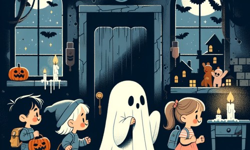 Une illustration destinée aux enfants représentant une petite fille déguisée en fantôme, accompagnée de ses amis, explorant une effrayante maison hantée avec des fenêtres sales et des volets fermés, tandis qu'une bougie brûle sur une table couverte de poussière, créant une atmosphère sombre et mystérieuse.