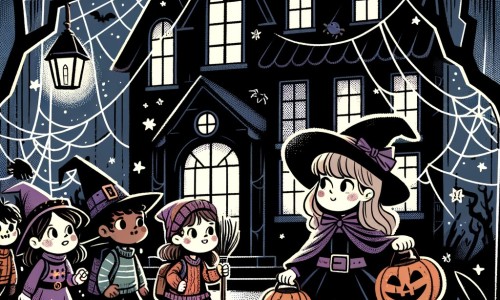 Une illustration destinée aux enfants représentant une petite fille déguisée en sorcière, accompagnée de ses amis, explorant une sombre et effrayante maison hantée, avec des toiles d'araignées pendantes aux fenêtres, lors d'une soirée d'Halloween.
