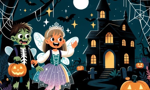 Une illustration pour enfants représentant une petite fille enthousiaste à propos d'Halloween, qui se déguise en fée et se promène dans les rues décorées de citrouilles et de toiles d'araignées.