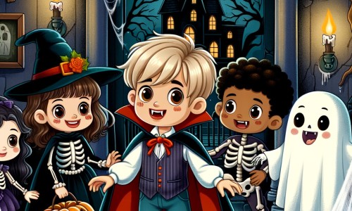 Une illustration destinée aux enfants représentant un petit garçon déguisé en vampire, explorant une maison hantée lors d'une soirée d'Halloween, accompagné de ses amis, dans une vieille demeure sombre et pleine de toiles d'araignées.