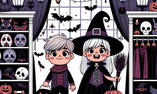 Une illustration pour enfants représentant une petite fille déguisée en sorcière qui se retrouve dans une boutique de costumes et accessoires pour Halloween, où elle rencontre un sorcier mystérieux.