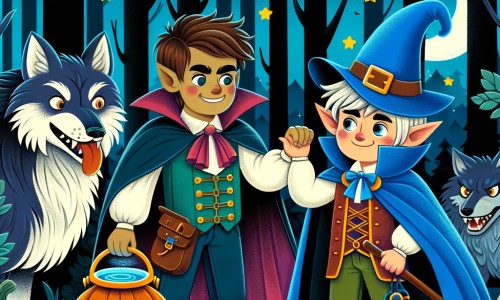 Une illustration pour enfants représentant un petit garçon déguisé en vampire qui se retrouve plongé dans une aventure magique à la recherche d'une potion mystérieuse, dans une forêt hantée lors de la soirée d'Halloween.