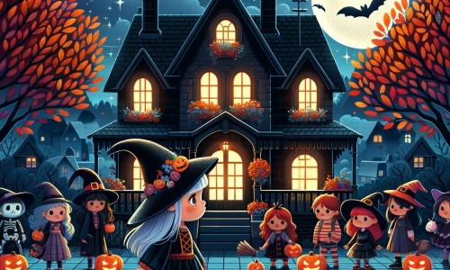 Une illustration destinée aux enfants représentant une petite fille déguisée en sorcière, qui explore une maison sombre et mystérieuse avec ses amis, dans une rue bordée d'arbres aux feuilles orange et rouges, éclairée par la lueur de la pleine lune d'Halloween.