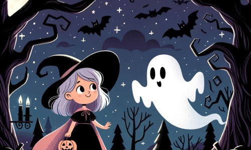 Une illustration pour enfants représentant une petite fille déguisée en sorcière, se retrouvant dans une mystérieuse forêt enchantée lors de sa quête de bonbons d'Halloween.