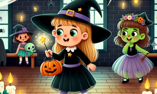 Une illustration pour enfants représentant une petite fille excitée, prête à vivre une aventure magique lors d'une fête d'Halloween dans un mystérieux passage secret.
