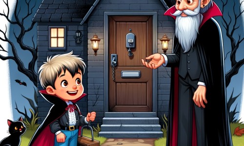 Une illustration pour enfants représentant un petit garçon déguisé en vampire, qui sonne aux portes pour récolter des bonbons lors d'Halloween, dans le quartier sombre et mystérieux de sa ville.