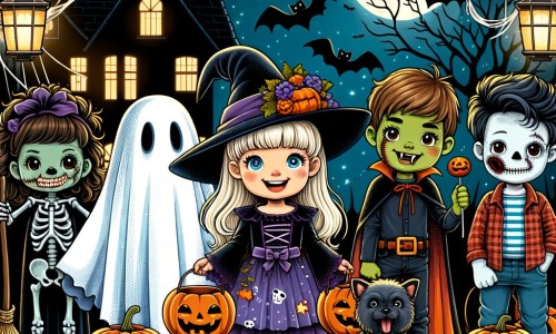 Une illustration pour enfants représentant une petite fille cherchant un déguisement original et effrayant pour Halloween, dans un quartier décoré de citrouilles et de fantômes.